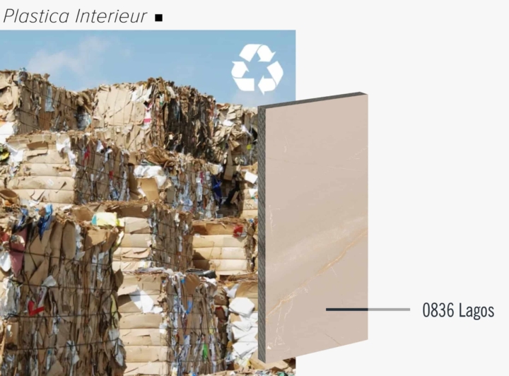 Plastica Compact plaat in kleur Lagos 0836, gemaakt van gerecycled kraftpapier, met achtergrond van geperst karton